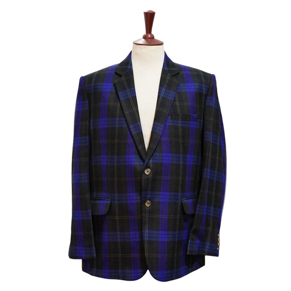 Mens Wool Sport Coat 44R Black Royal Blue Plaid Blazer 2 Button Wedding Formal